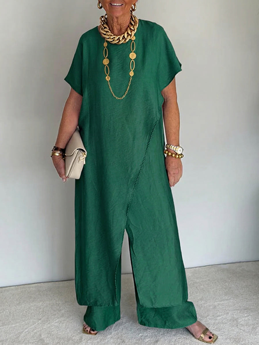 Women's Two-Piece Set Long Asymmetric Tunic and Wide-Leg Pants - Emerald