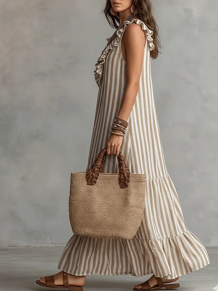 Women's Striped Cotton Dress with Ruffle Neckline