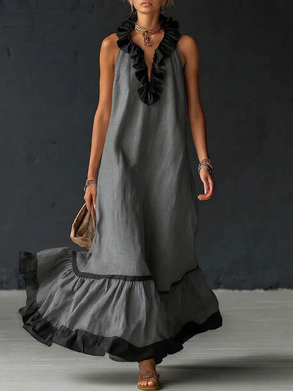 Women's Two-Tone Boho Ruffle Maxi Dress - Gray