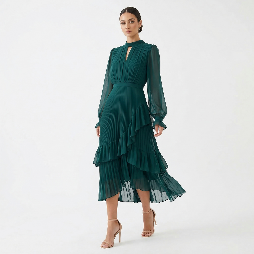 Women's High Neck Pleated Ruffle Midi Dress - Green
