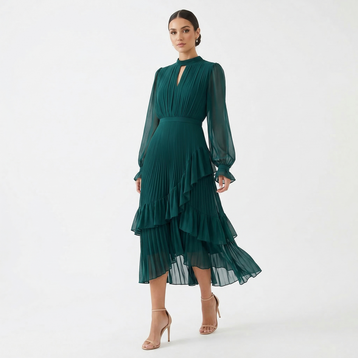 Women's High Neck Pleated Ruffle Midi Dress - Green