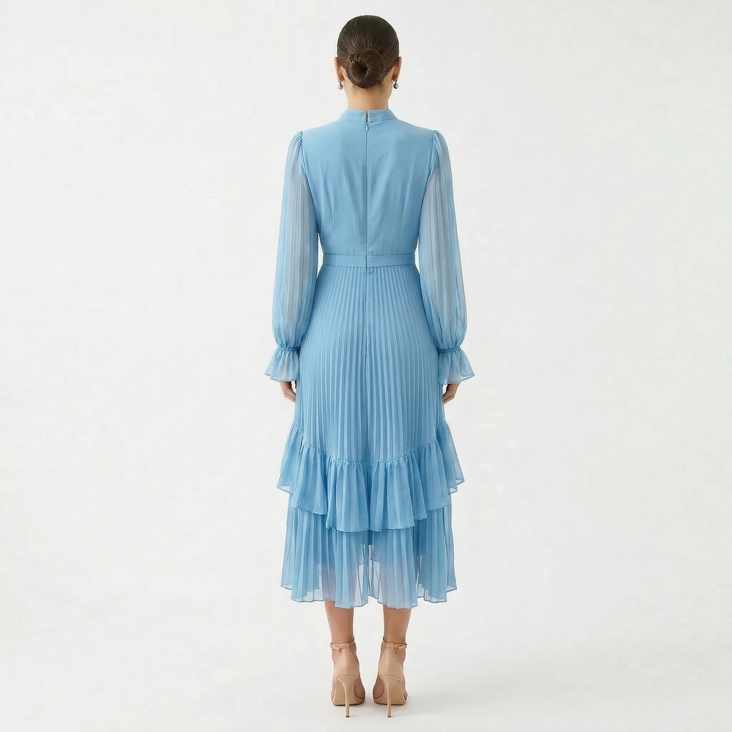 Women's High Neck Pleated Ruffle Midi Dress