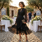 Women's High Neck Pleated Ruffle Midi Dress