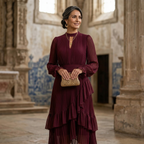 Women's High Neck Pleated Ruffle Midi Dress
