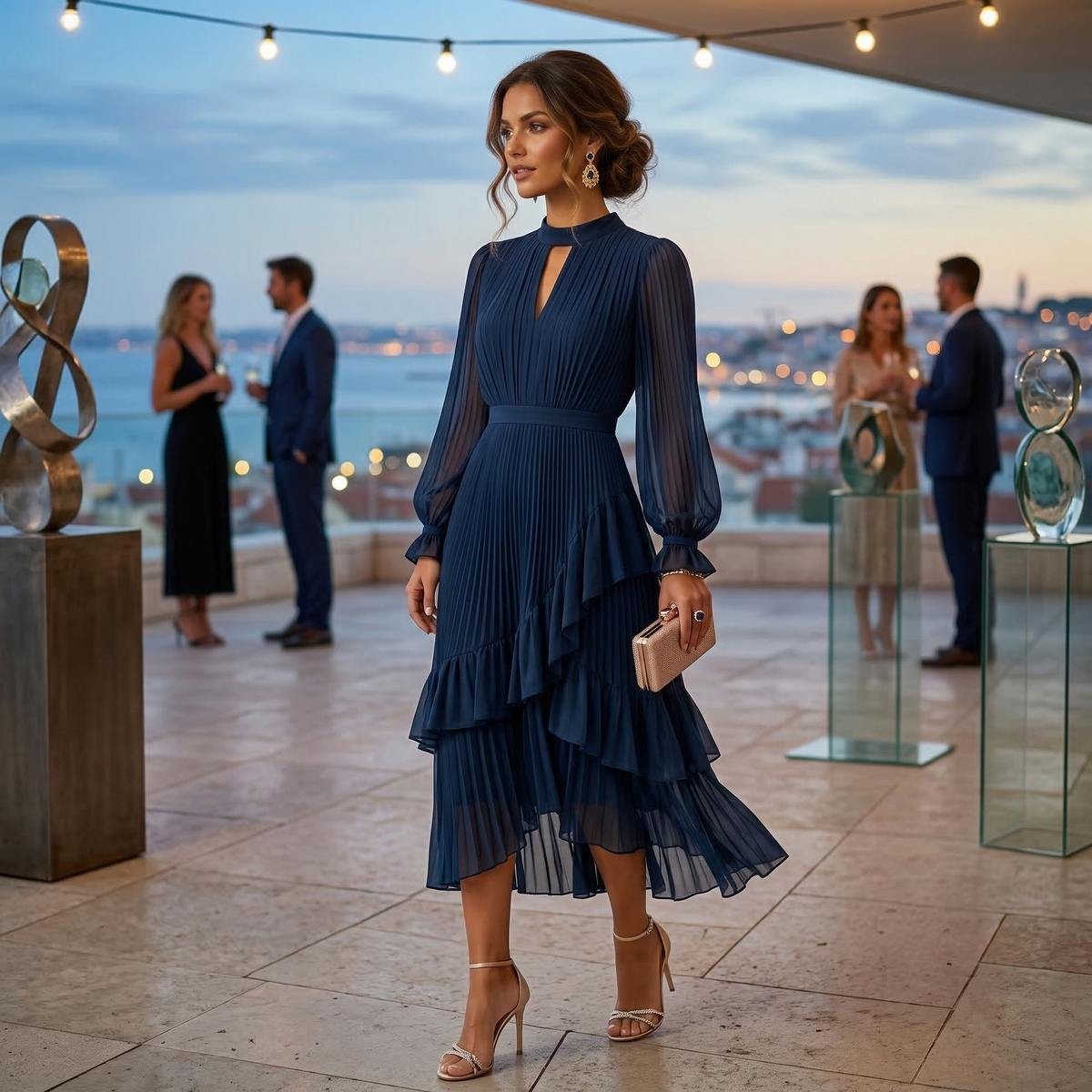 Women's High Neck Pleated Ruffle Midi Dress
