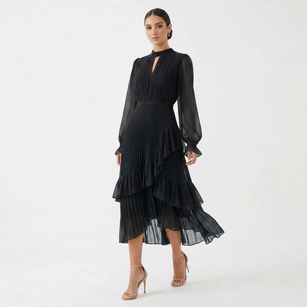 Women's High Neck Pleated Ruffle Midi Dress - Black