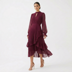 Women's High Neck Pleated Ruffle Midi Dress - Burgundy