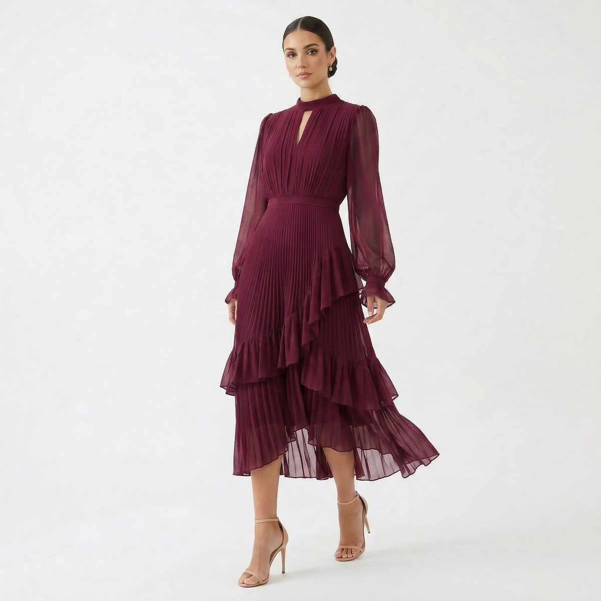 Women's High Neck Pleated Ruffle Midi Dress - Burgundy