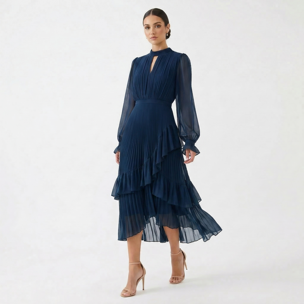 Women's High Neck Pleated Ruffle Midi Dress - Navy Blue