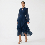 Women's High Neck Pleated Ruffle Midi Dress - Navy Blue