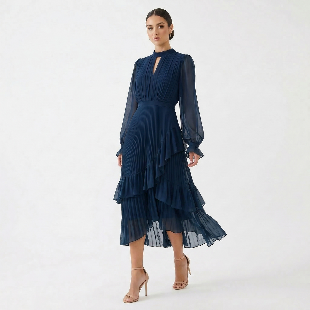 Women's High Neck Pleated Ruffle Midi Dress - Navy Blue