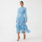 Women's High Neck Pleated Ruffle Midi Dress - Light Blue