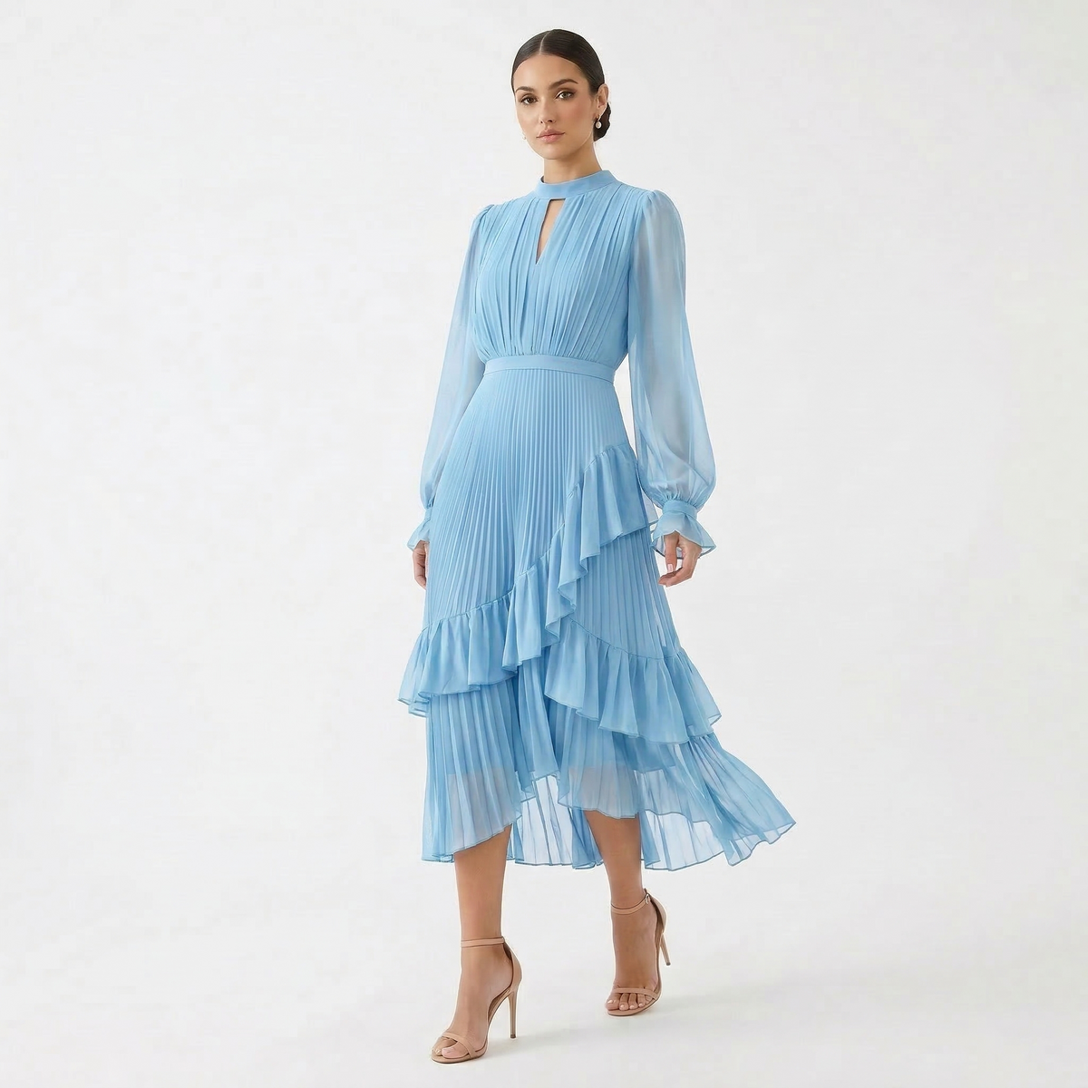 Women's High Neck Pleated Ruffle Midi Dress - Light Blue