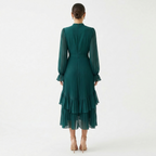 Women's High Neck Pleated Ruffle Midi Dress
