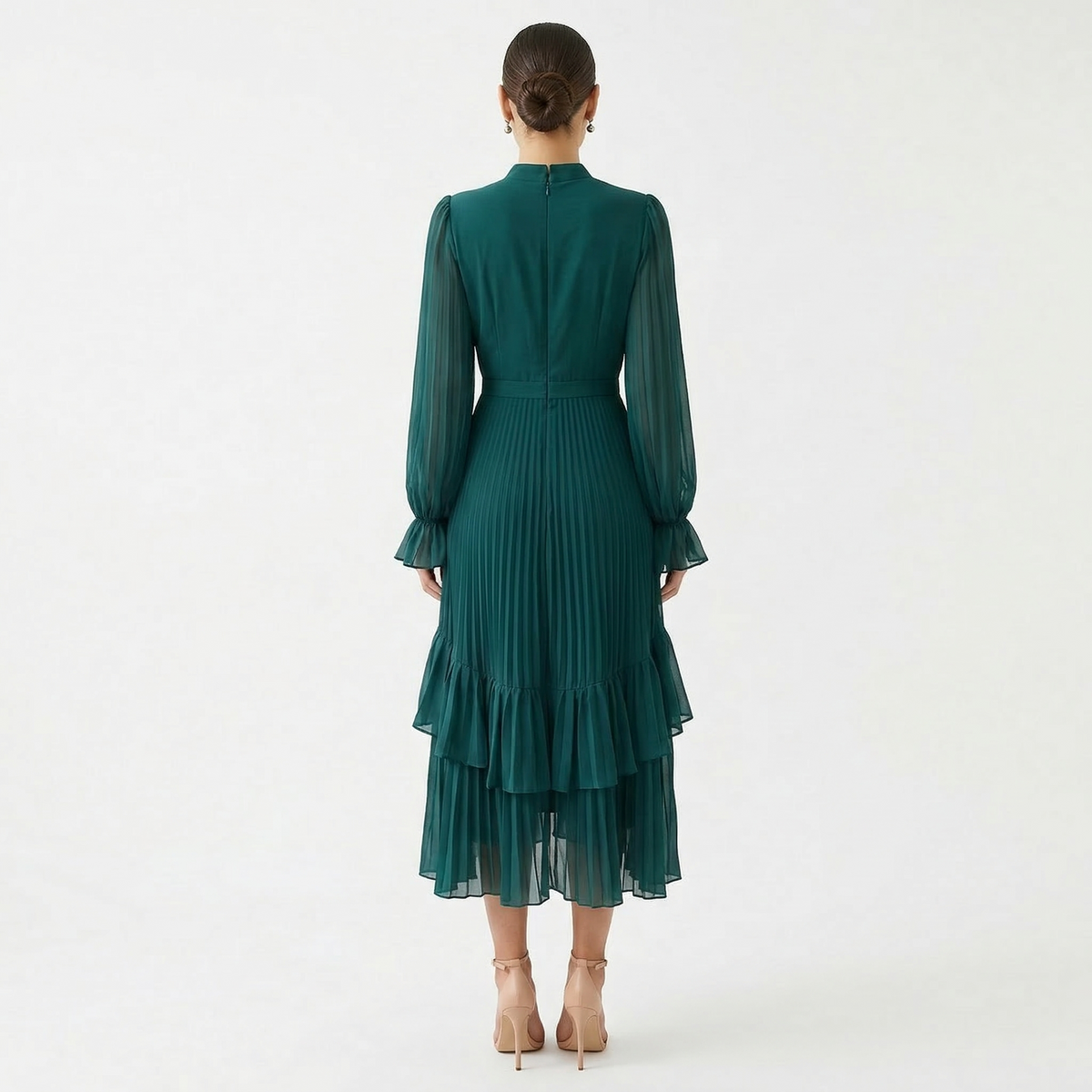 Women's High Neck Pleated Ruffle Midi Dress