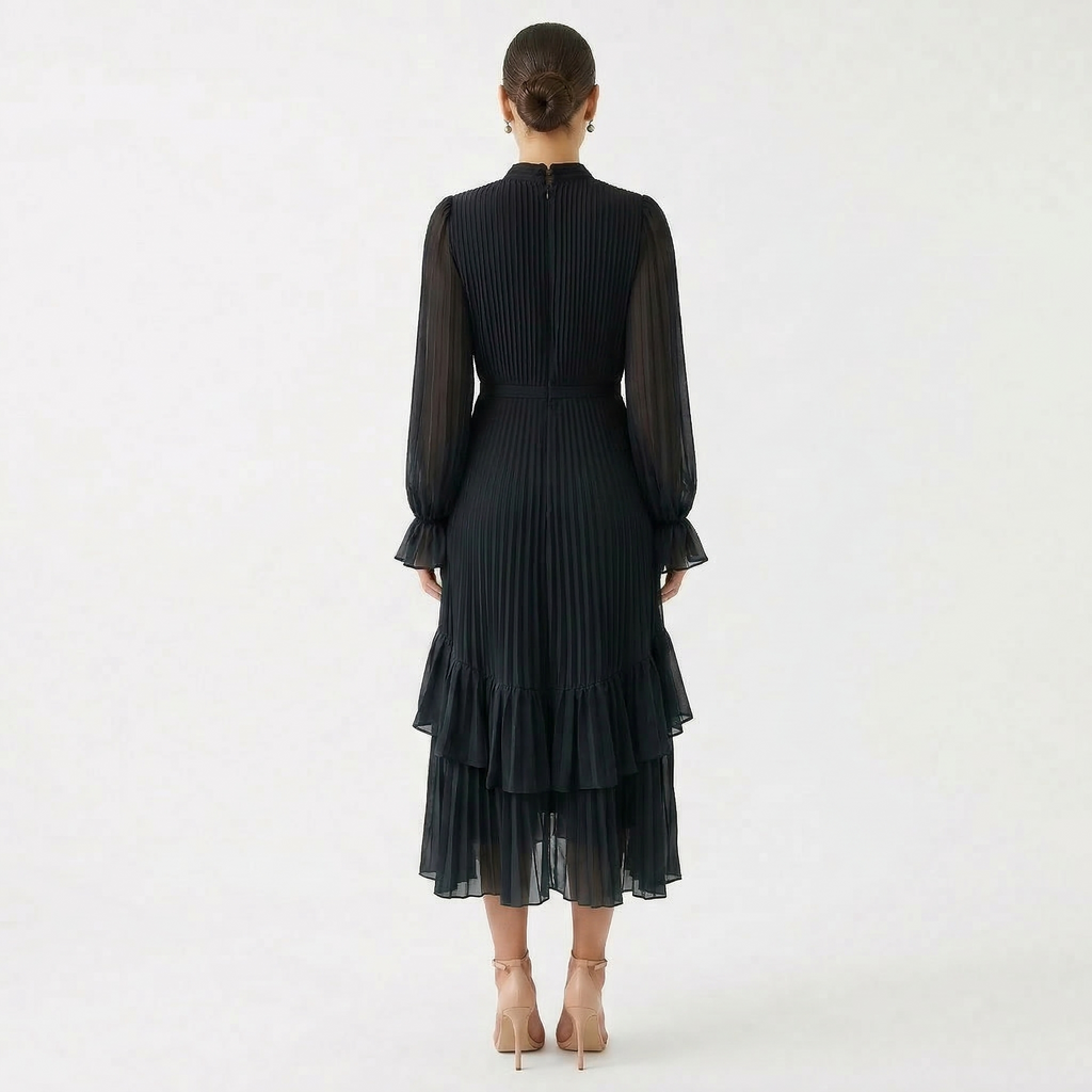 Women's High Neck Pleated Ruffle Midi Dress