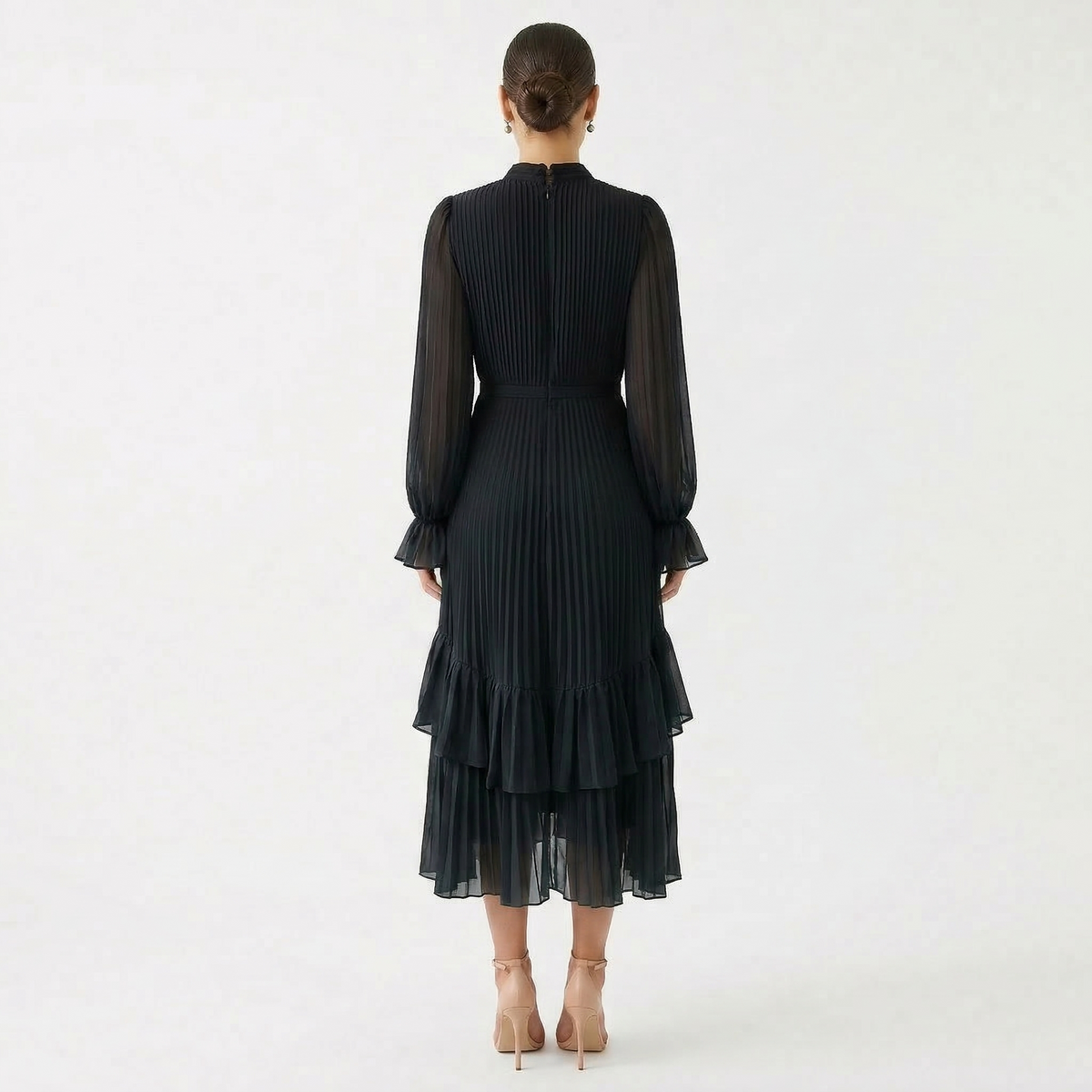 Women's High Neck Pleated Ruffle Midi Dress