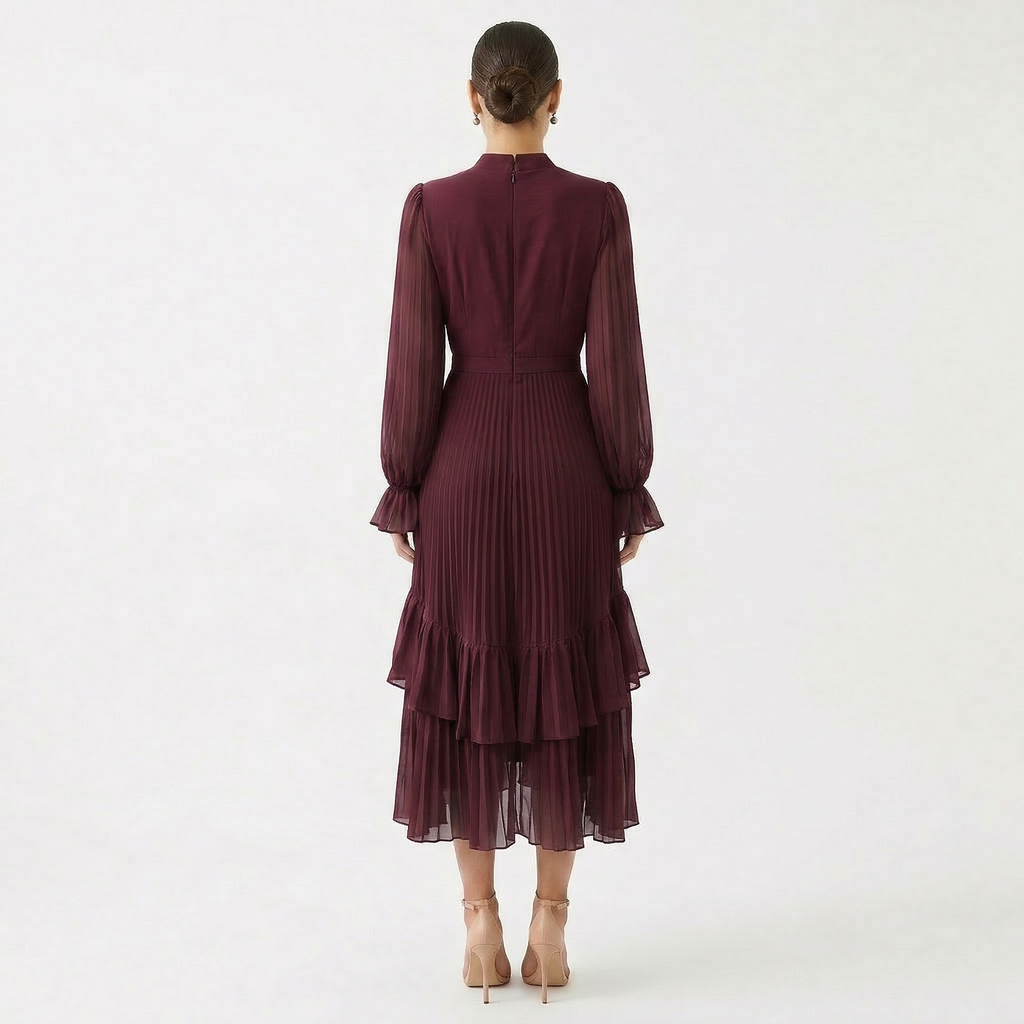Women's High Neck Pleated Ruffle Midi Dress