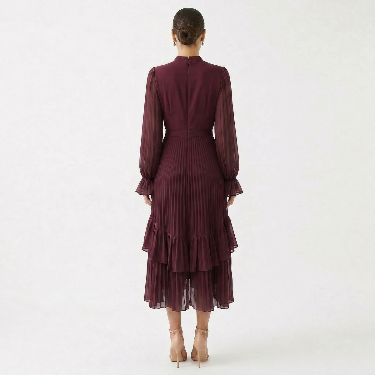 Women's High Neck Pleated Ruffle Midi Dress