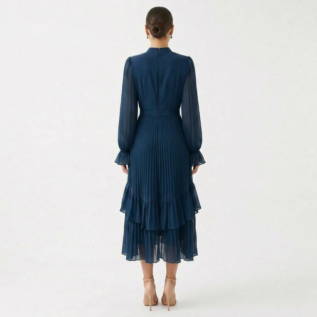 Women's High Neck Pleated Ruffle Midi Dress