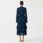 Women's High Neck Pleated Ruffle Midi Dress