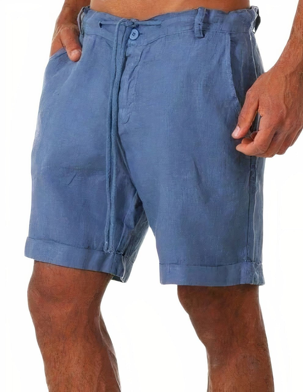 Men's Linen Shorts with Elastic Waist - Blue