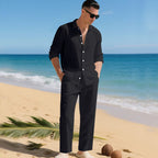 Men's Linen Set Long Sleeve Shirt and Pants - Black