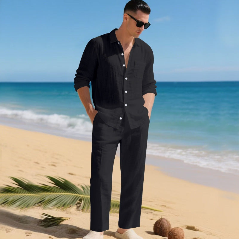 Men's Linen Set Long Sleeve Shirt and Pants - Black