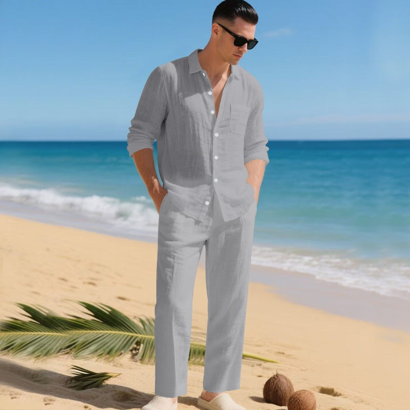 Men's Linen Set Long Sleeve Shirt and Pants - Gray