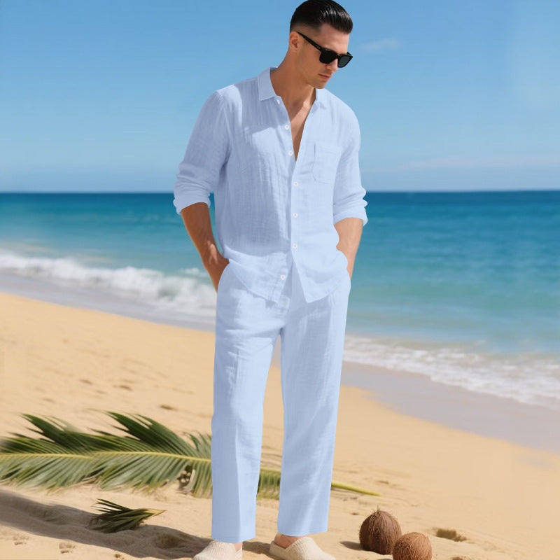 Men's Linen Set Long Sleeve Shirt and Pants - Blue