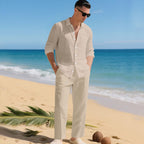 Men's Linen Set Long Sleeve Shirt and Pants - Light Brown