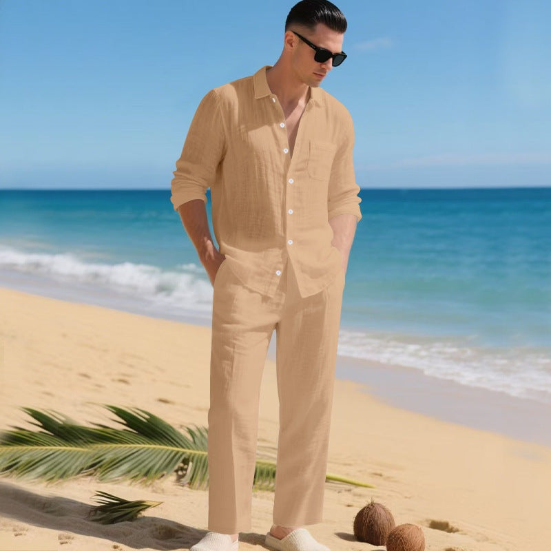 Men's Linen Set Long Sleeve Shirt and Pants - Dark Brown