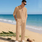 Men's Linen Set Long Sleeve Shirt and Pants - Dark Brown
