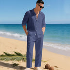 Men's Linen Set Long Sleeve Shirt and Pants - Dark Blue
