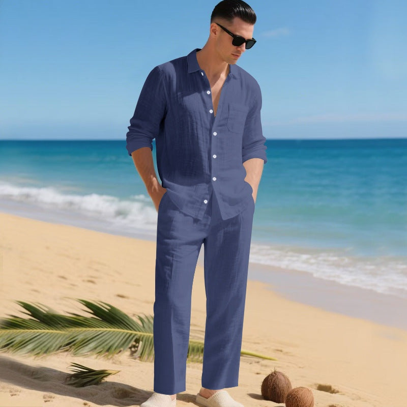 Men's Linen Set Long Sleeve Shirt and Pants - Dark Blue