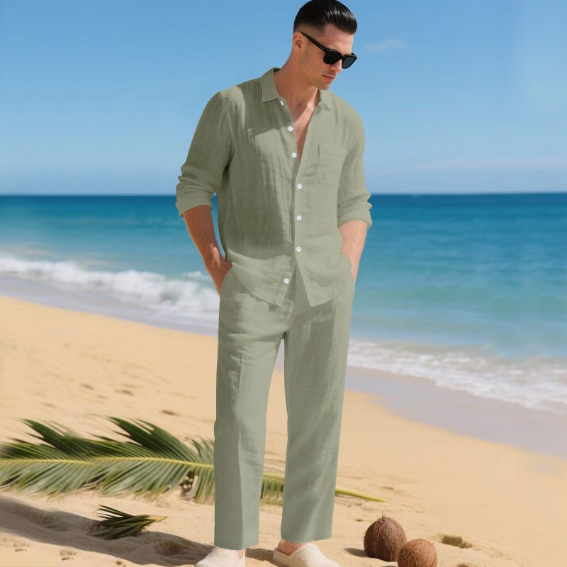 Men's Linen Set Long Sleeve Shirt and Pants - Dark Green