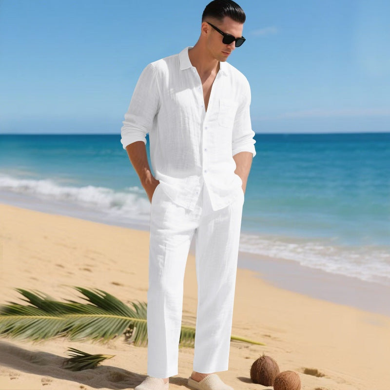 Men's Linen Set Long Sleeve Shirt and Pants - White