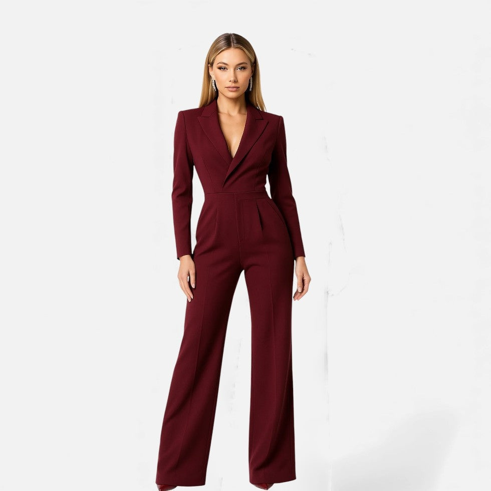Women's Elegant V-Neck Long Sleeve Maxi Jumpsuit for Events - Red