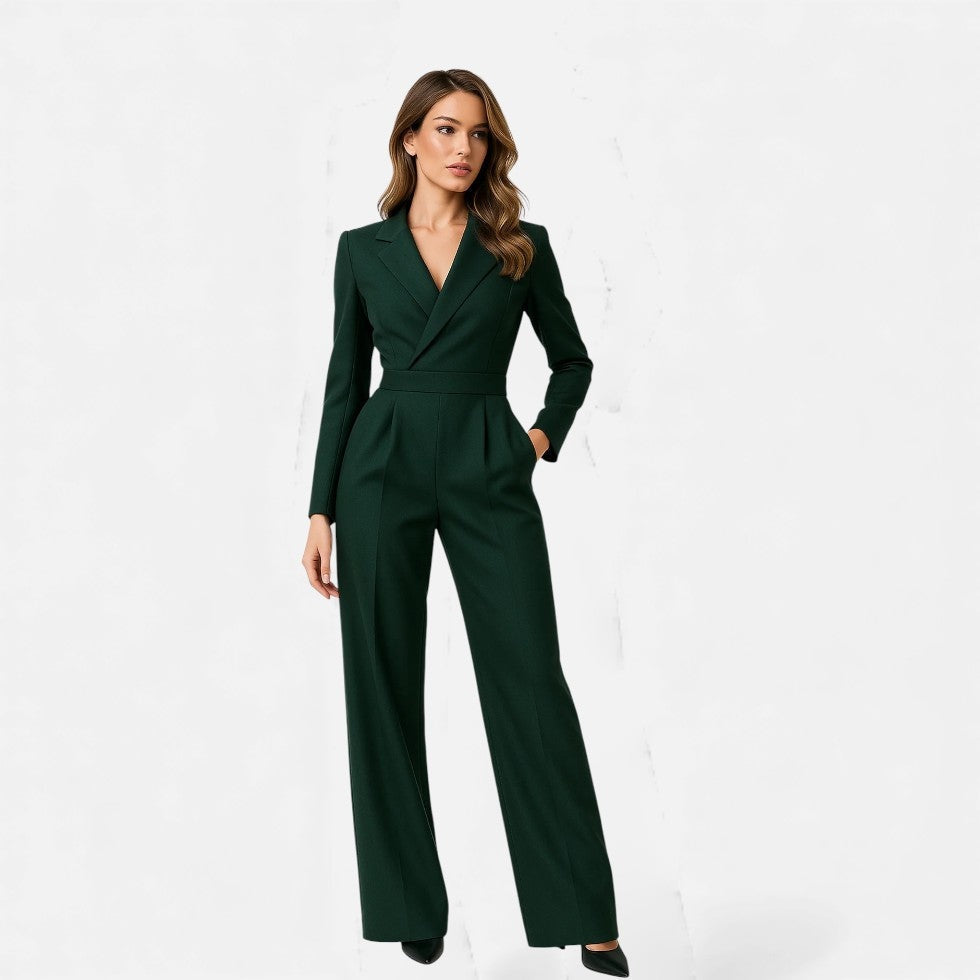 Women's Elegant V-Neck Long Sleeve Maxi Jumpsuit for Events - Green
