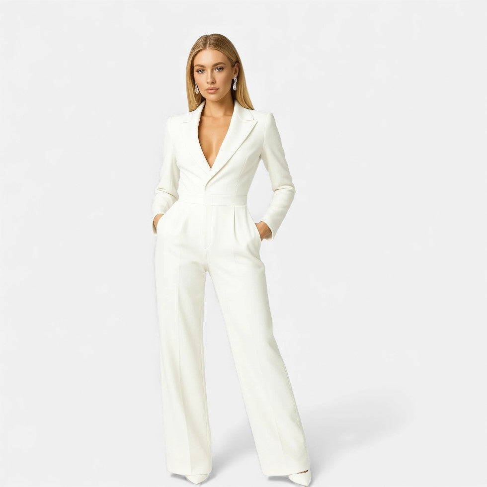 Women's Elegant V-Neck Long Sleeve Maxi Jumpsuit for Events - White