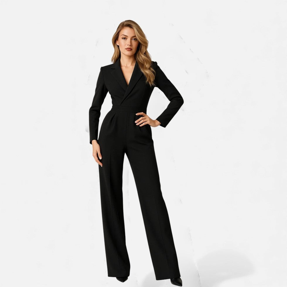 Women's Elegant V-Neck Long Sleeve Maxi Jumpsuit for Events - Black