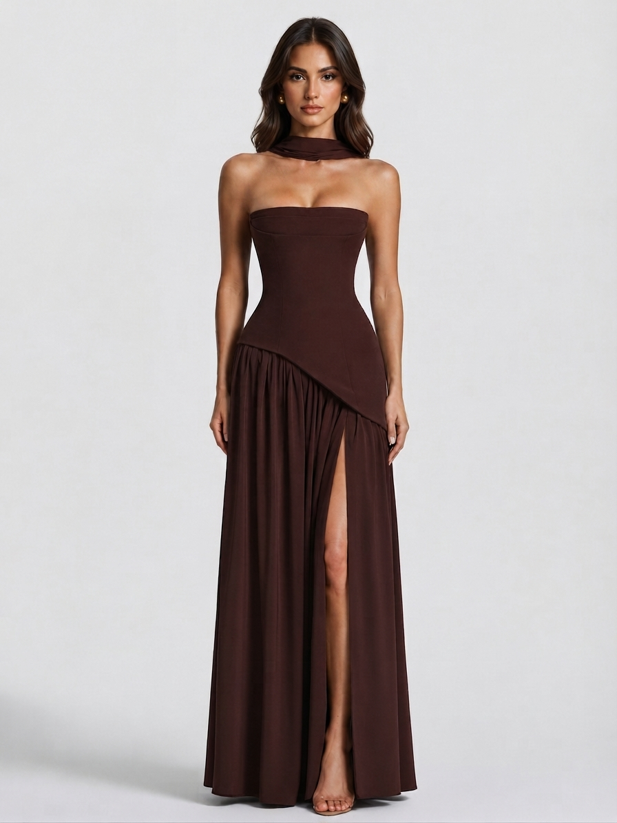 Women's Draped Corset Evening Gown with Side Slit - Brown