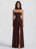 Women's Draped Corset Evening Gown with Side Slit - Brown