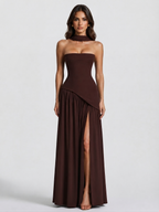 Women's Draped Corset Evening Gown with Side Slit - Brown