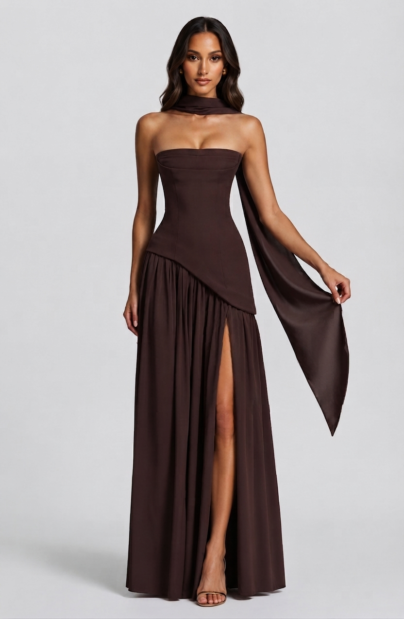 Women's Draped Corset Evening Gown with Side Slit