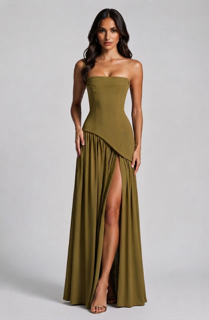 Women's Draped Corset Evening Gown with Side Slit - Sage Green