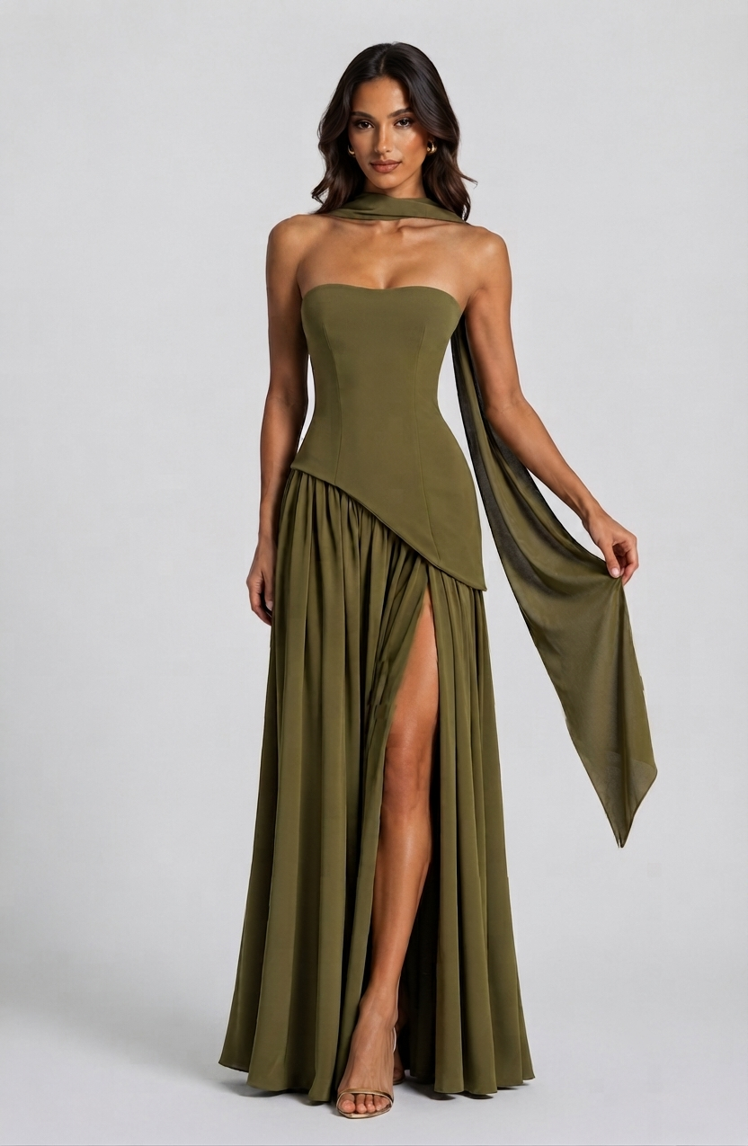 Women's Draped Corset Evening Gown with Side Slit