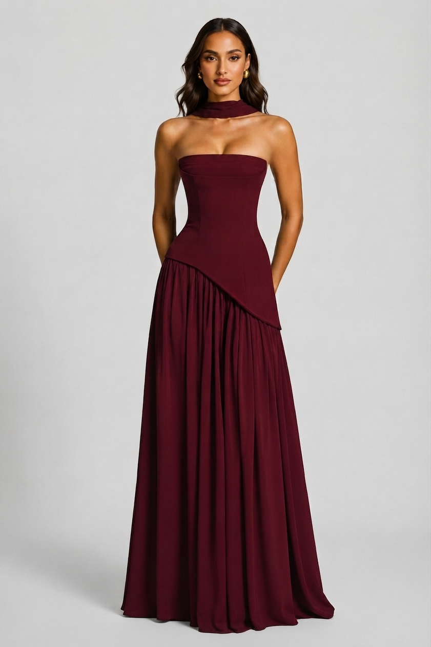 Women's Draped Corset Evening Gown with Side Slit - Burgundy