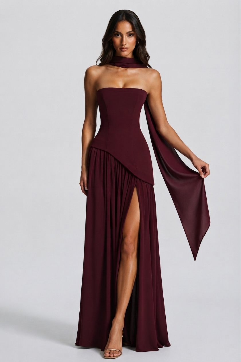 Women's Draped Corset Evening Gown with Side Slit
