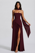 Women's Draped Corset Evening Gown with Side Slit